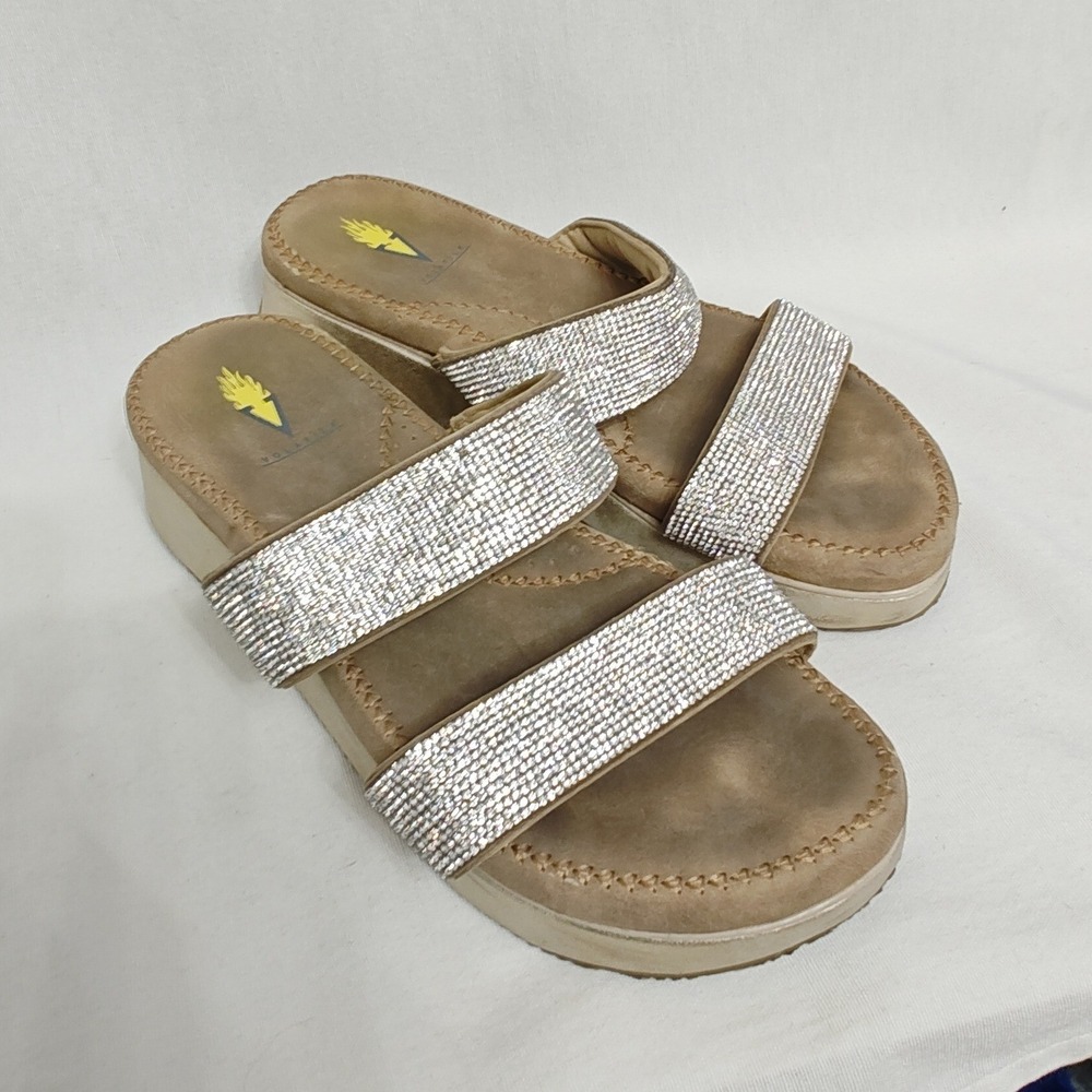 Volatile Sandals Tan Rhinestone Double Strap Platform Wedge Size‎ 7